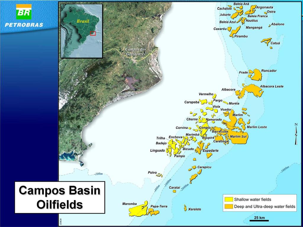This is a location map for the Campos Basin oilfields. Fifty-eight oilfields were found between 50 and 140 km off the Brazilian coast, under water depths up to 2,400 m.