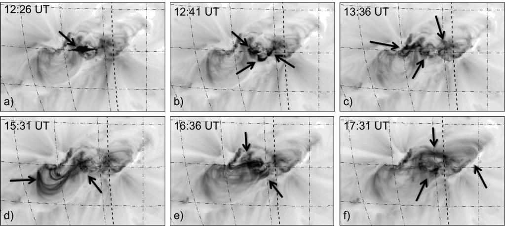 Fig. 3. STEREO B/SECCHI image sequence of the event showing the complicated morphology and progression of the erupting region. The arrows point to areas of activity.