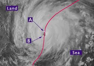 7. Look at the hurricane in this picture. It is just hitting the coast (the S-shaped line in the middle).