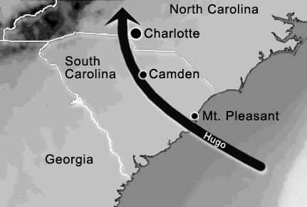 8. Look at this map of Hurricane Hugo s path across South and North Carolina in 1989. Hugo caused quite a lot of death and destruction during its journey across the Carolinas.