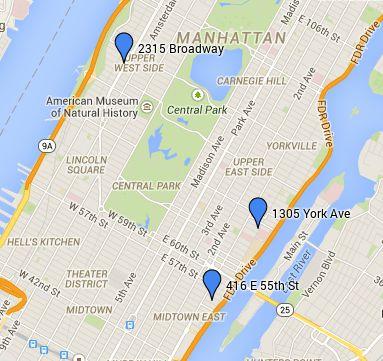 Figure 3.1: Locations of MRI facilities of New York Presbyterian. There are three in total represented as blue bubbles. Two of them are on the east side and one is on the west side.