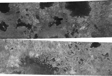 Below: Radar image of Titan North Pole region showing several dozen dark