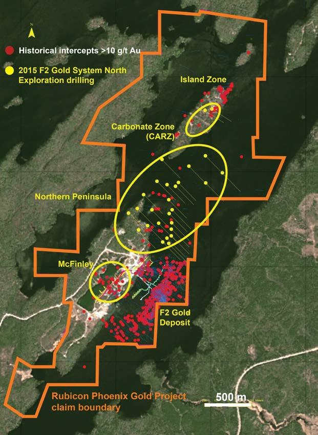Close Proximity Targets Within 2 km of the Phoenix Gold Project Historical high-grade intercepts along strike and adjacent to the F2 Gold Deposit warrant follow up drilling Historical NI 43-101