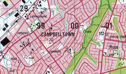 Common scales for Australian topographic maps are: Segment of a 1:250 000 scale map of Campbelltown.