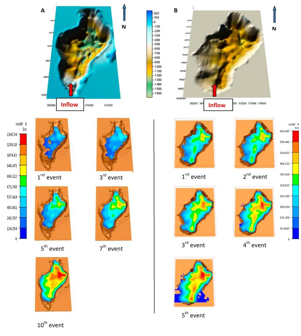 Figure 1. (A) Palaeo-bathymetry 7 colored by depth and the packed sediment thickness after the 1 st, 3 rd, 5 th, 7 th, and 10 th event.