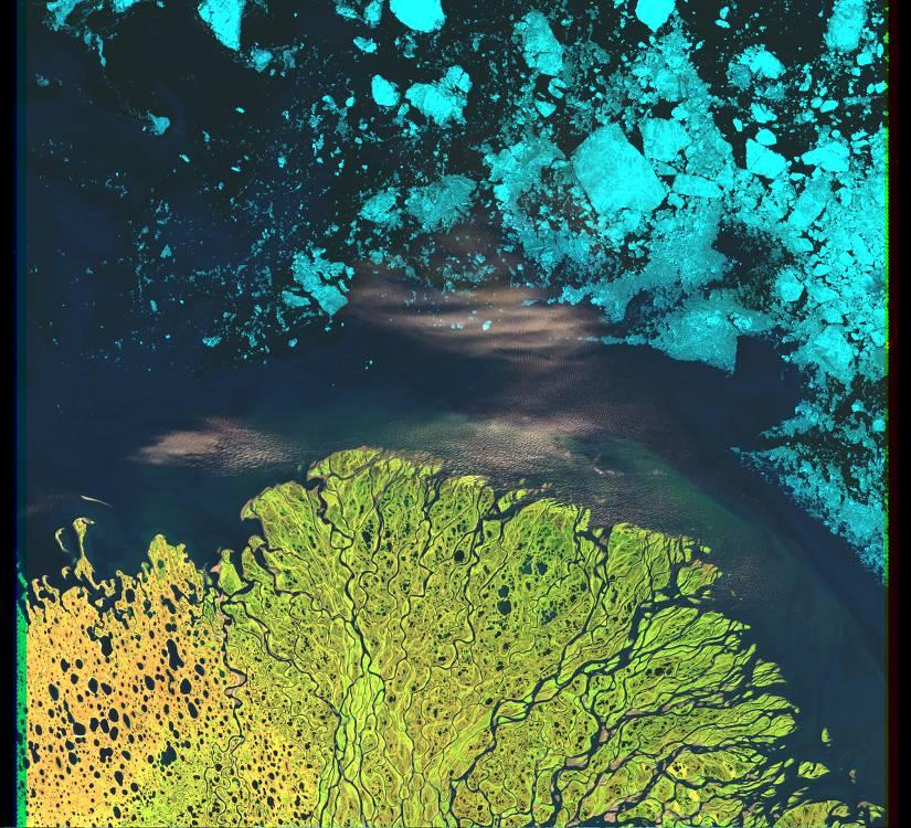 IMAGE ACQUIRED JULY 27, 2000 Lena River Delta, Russia, Asia LAT. 73 28 N, LONG. 128 32 E LANDMASS DRAINED RUSSIA.