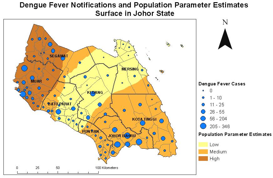 In order to relate the impact of the population parameter to dengue fever cases, the local population parameter estimates (GWR result) were imported into ArcMap for mapping.