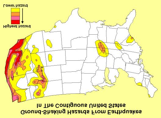 Figure 17. This map shows in color those parts of the contiguous 48 states that have a 10% chance of experiencing an earthquake strong enough to cause appreciable damage in a 50-year period.