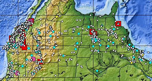 Figure 19. Locations of U.S. earthquakes causing damage 1750-1996, Mercalli intensity VI to XII. Large red squares represent locations of largest earthquakes (intensity XII).