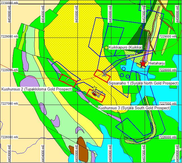 3 (5) Figure 1. Geology map of the southern part of the Kiannanniemi area. The relinquished claims are shown in red and current claims of Polar Mining Oy in blue. Map grid is 1km x 1km.