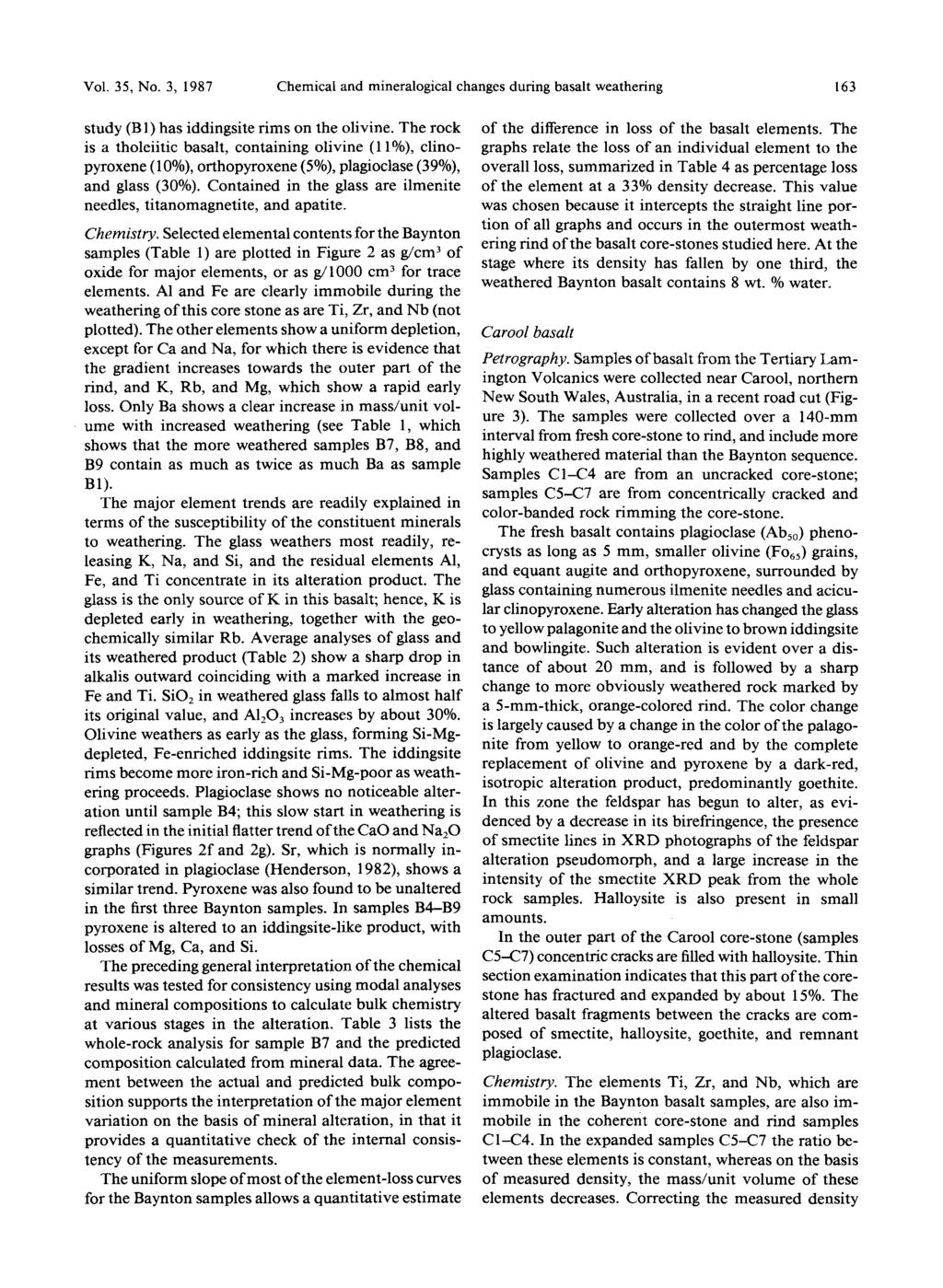 Vol. 35, No. 3, 1987 Chemical and mineralogical changes during basalt weathering 163 study (B 1) has iddingsite rims on the olivine.