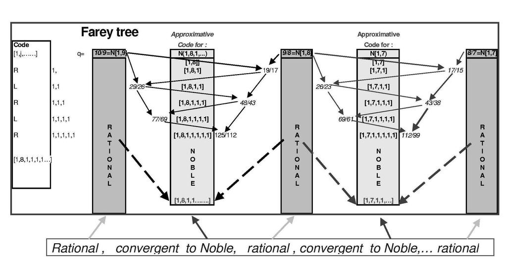 Figure 16: Farey tree indicating how the most noble number in a given interval between rationals (10/9 and 9/8, or 9/8 and 8/7) can be built with results N(1, 8) or N(1, 7).