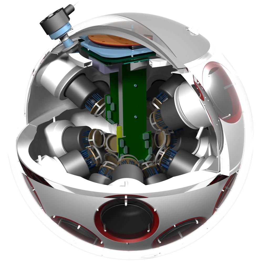 Figure 3: Internal structure of a KM3NeT DOM. Figure 4: Photo of the prototype multipmt DOM, presently in data taking on the ANTARES detector.