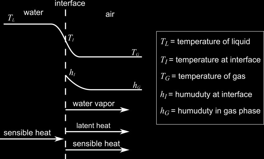 Energy flows: 1. Water phase: Sensible heat flows from the bulk liquid to the water-air interface; the driving force for this thermal transfer is TL TI 2. Gas Phase: a.