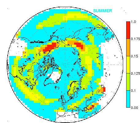 Summer frontal frequencies The Summer Arctic Frontal Zone Arises from differential heating between the snow-free land and cold Arctic Ocean and topographic trapping of cold Arctic Ocean air.