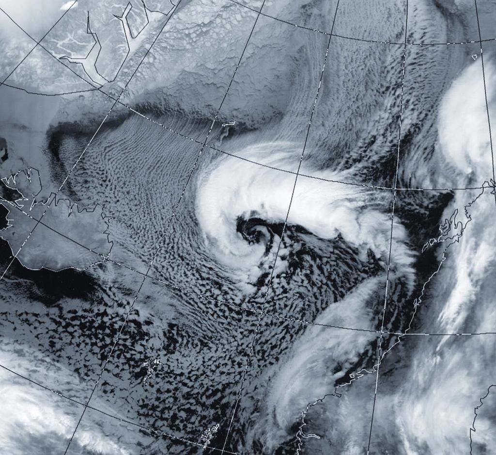 NOAA-12 image for 19 January, 1998 of a Polar Low. Norway is on the right side of the image, with Iceland to the left side.