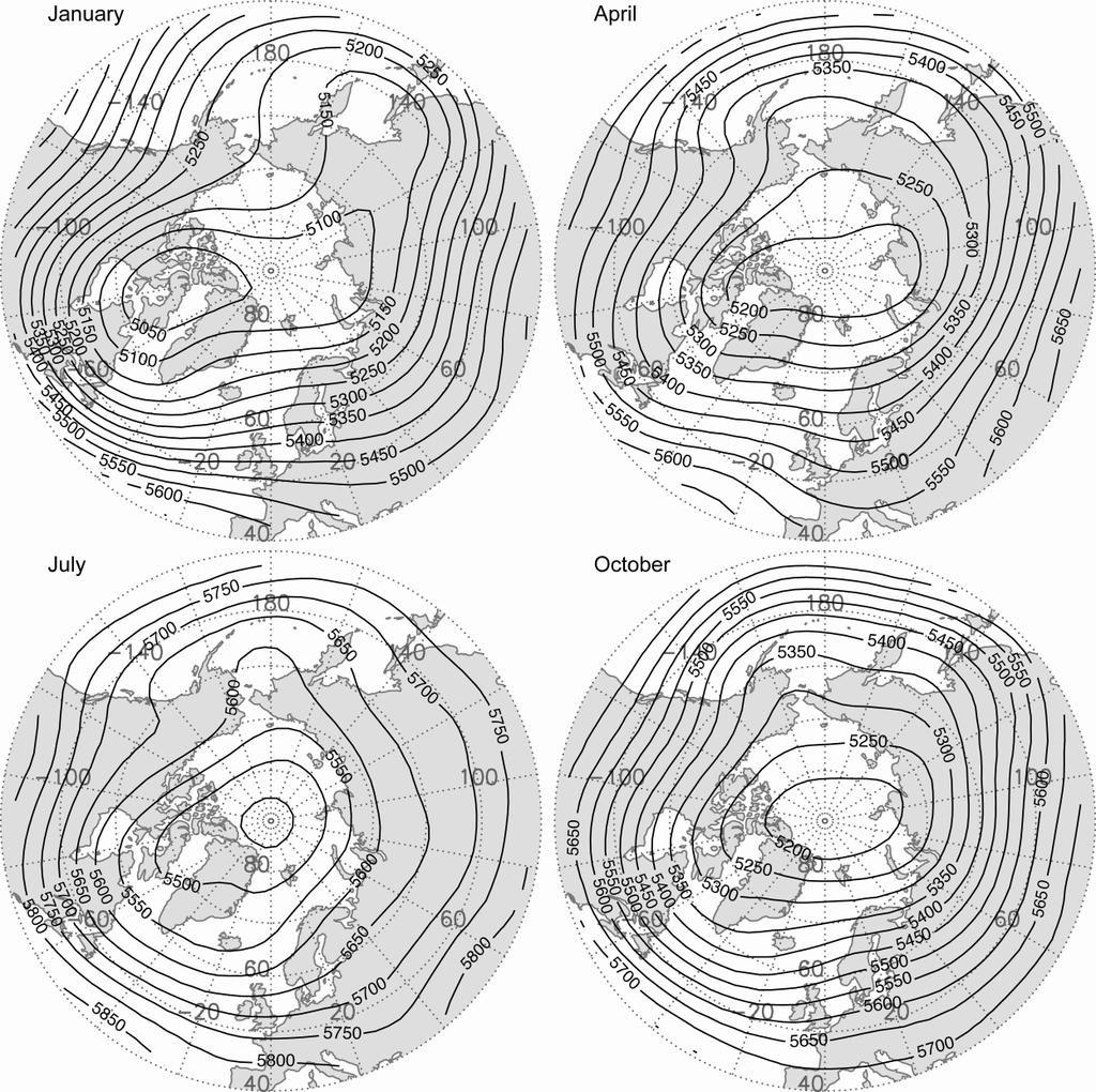 Mean circulation of the middle troposphere Fields of mean 500 hpa height for the four midseason months over the period 1970-1999, based on