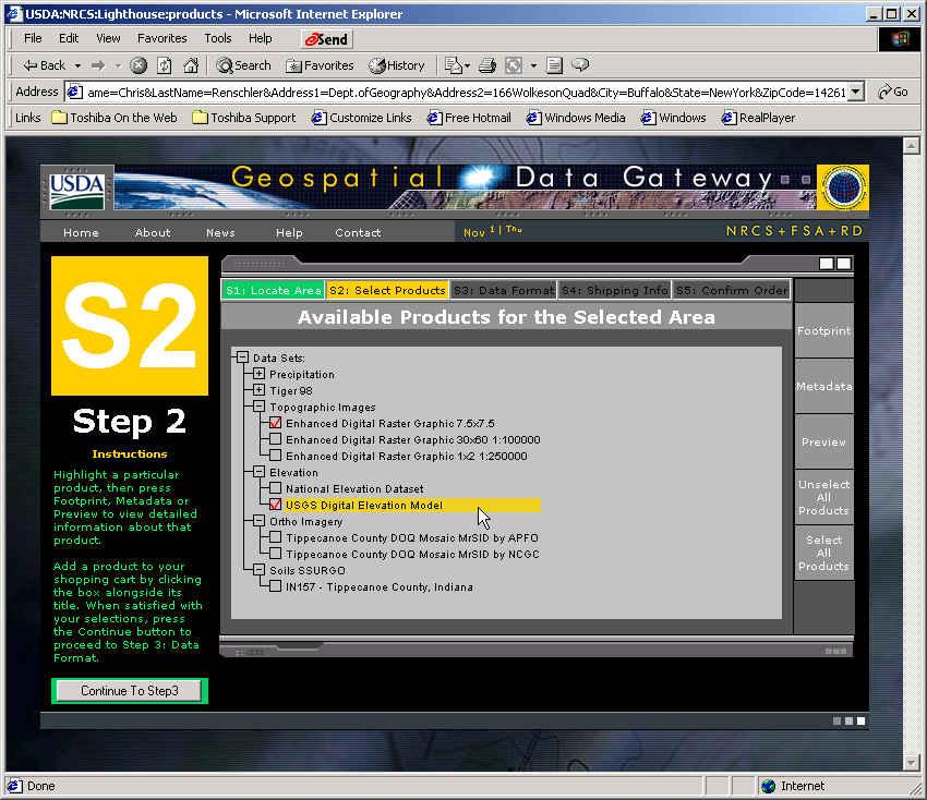Step 2 allows you to select data sets of interest (current version of GeoWEPP can handle USGS DEM and DRG only!