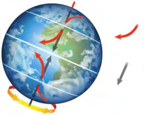 Figure 16 The Coriolis effect causes moving air to turn to the right in the northern hemisphere and to the left in the southern hemisphere. Explain What causes this to happen?