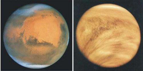 The thickness of a planet s atmosphere strongly influences its temperature through the greenhouse effect. Mars (left) has an extremely thin atmosphere, and an average temperature near -55oC.