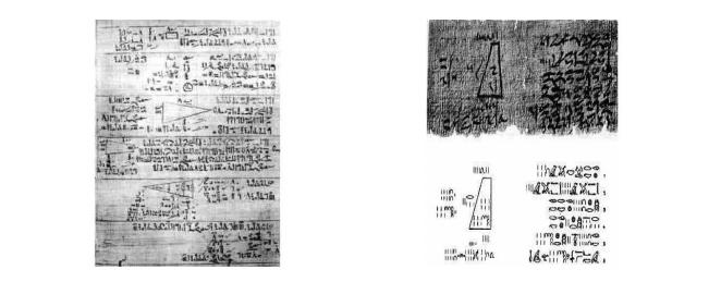14 POGLAVLJE. EGIPATSKA MATEMATIKA ( tu su h visina, a a i b duljine stranica baze krnje kvadratne piramide) Slika.8: Rhindov/Moskovski papirus (izvornik:http://www.math.buffalo.