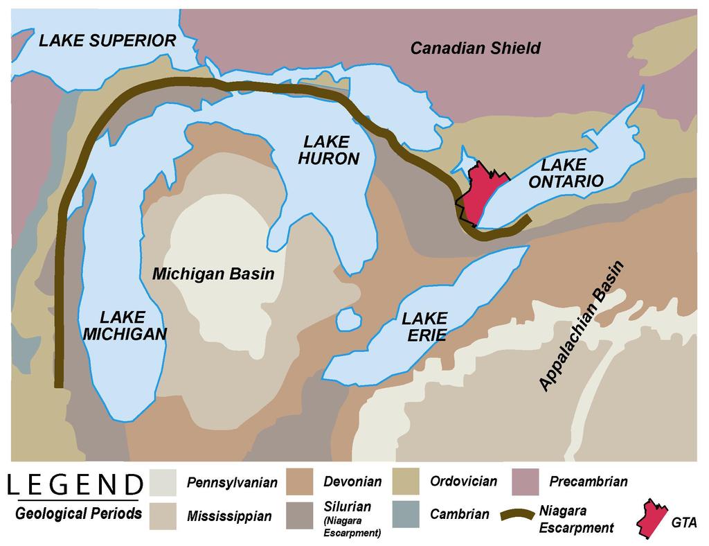 is southern Ontario s most prominent topographic feature, extending more than 500 kilometres from western New York, through Niagara Falls and the western part of the Greater Toronto Area (GTA), and