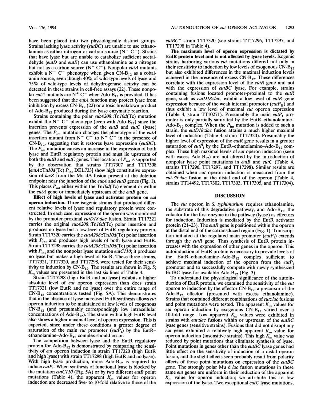 VOL. 176, 1994 have been placed into two physiologically distinct groups. Strains lacking lyase activity (eutbc) are unable to use ethanolamine as either nitrogen or carbon source (N- C-).