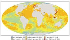 Spatial Distributions Human Global Footprint In the Oceans Source: Benjamin Halpern, et al. 2008. A Global Map of Human Impact on Marine Ecosystems. Science 15 February 2008(319) no.