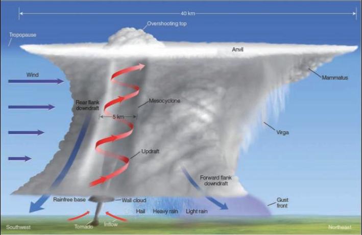 Figure 2.3: Some features of a mature supercell. The storm is moving to the northeast. [Figure 14.