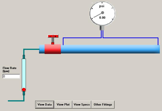 The Virtual Experiment: When the Flow in Straight Pipe virtual experiment is selected, a display similar to Figure 3 below appears: Figure 3: Straight Pipe Virtual Experiment Main Window The flow