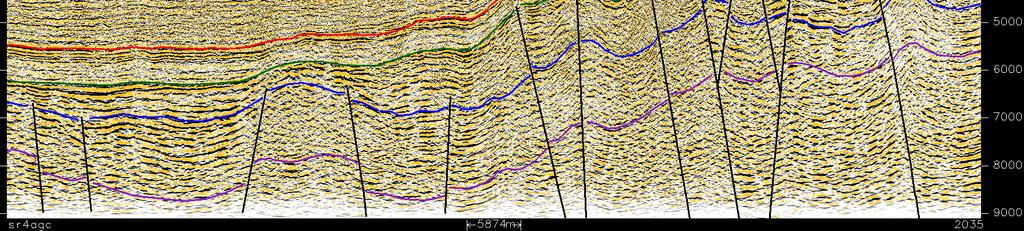 Upper Tertiary, discontinuous, high frequency reflections onlap the base Oligocene unconformity (red marker).