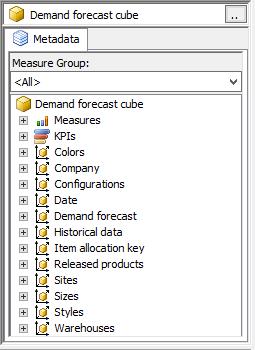 The second worksheet, Forecast table, contains the pivot table used to brows the cube data. The demand forecast cube has a fixed hierarchy that is, a fixed set of dimensions data can be sliced upon.
