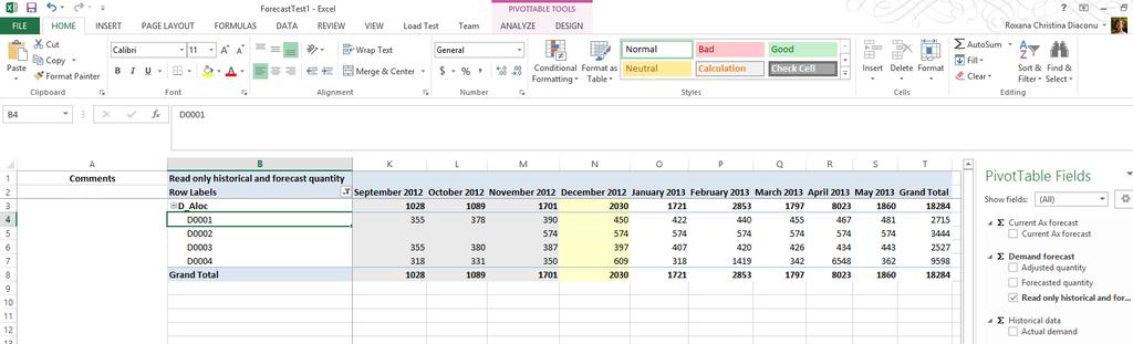 In the Excel file, the cells representing the historical quantities have a grey background, the frozen periods have a light yellow background, and the forecasted quantities aren t highlighted in any