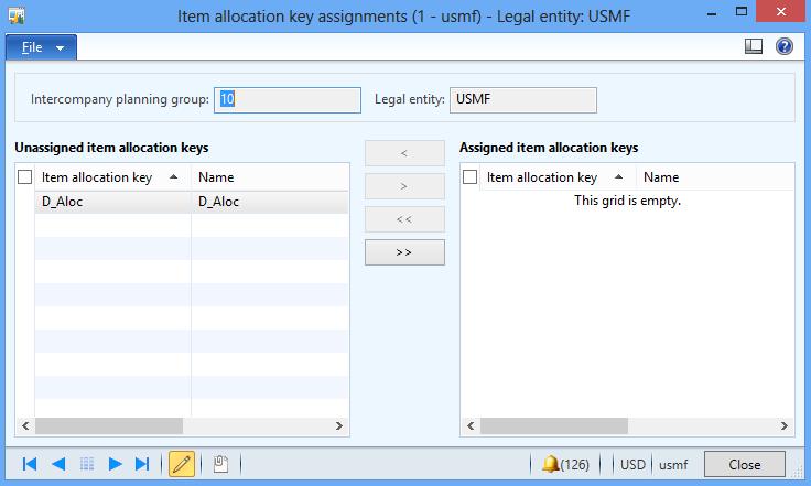 Click Item allocation keys to add, remove, or modify the list of item allocation keys assigned to the intercompany planning group member.