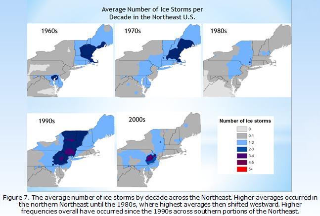 1970s is very similar, with the highest averages found over the northern portion of the Northeast, and relatively lower averages over the southern portion.