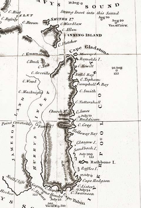 Fig. 3. Part of the chart of the East Greenland coast drawn up by William Scoresby Jr. in 1822, showing the numerous features that he named in Liverpool Land (Liverpool Coast) and adjacent areas.