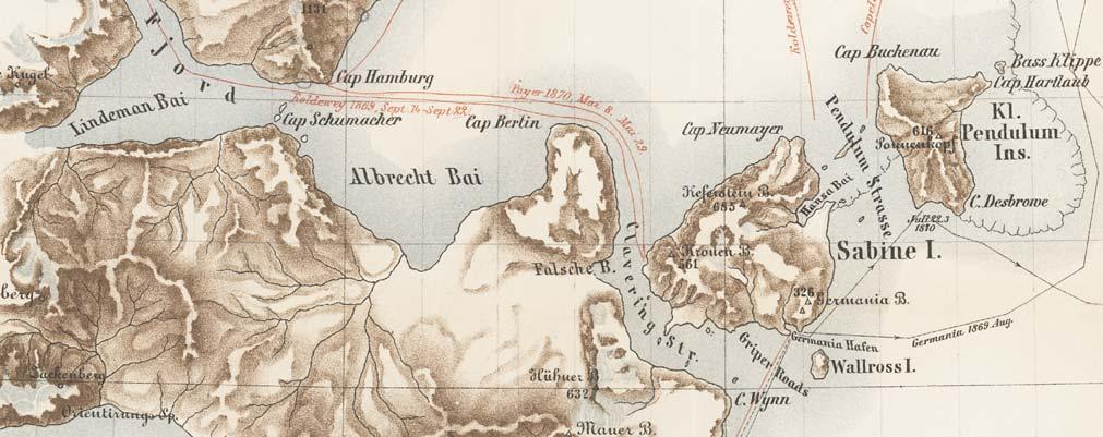 Fig. 6. Segment of the map just north of 74 30 N produced by Karl Koldewey s 1869 70 expedition. From: Verein für die Deutsche Nordpolarfahrt in Bremen (1873 74).