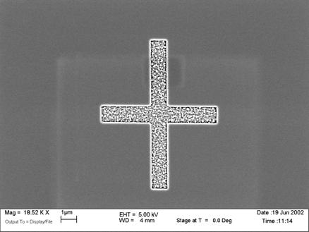 SEM image of one of the boxes SEM image of cross feature inside box DIMENSIONS Dimensions of the fiducials consist of a 1mm 2 box with