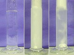#15) Blowing bubbles in lime water Ca(OH)2 + CO2 -----> CaCO3 + H2O calcium hydroxide + carbon dioxide -> calcium carbonate + water Bubbles are blown into lime water causing a chemical reaction.