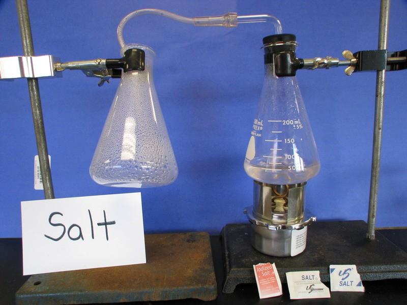 Salt is added to water. The water is heated to boiling. Water evaporates in the pure form.