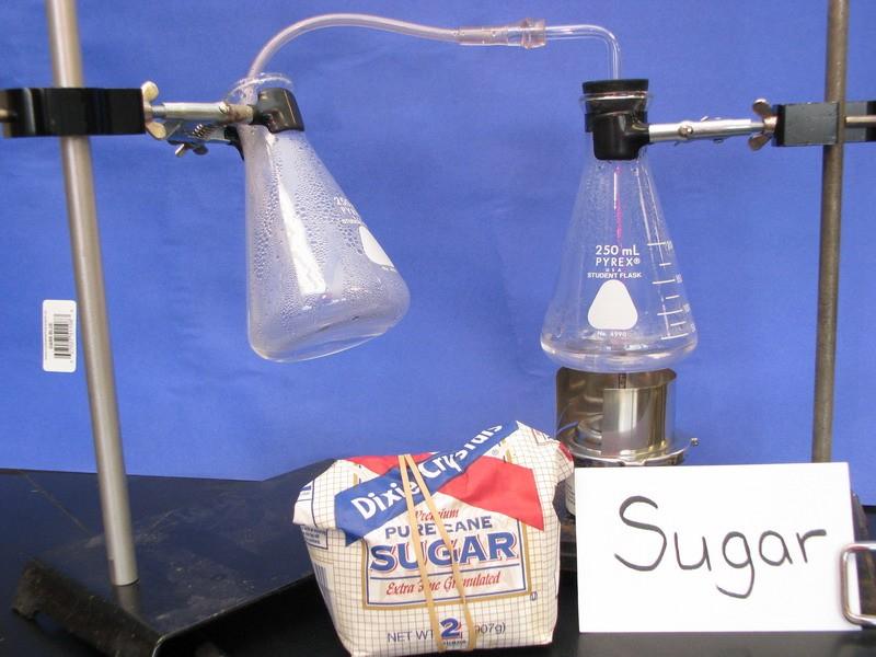 Sugar in water Sugar is added to water. The water is heated to boiling. Water evaporates in the pure form.