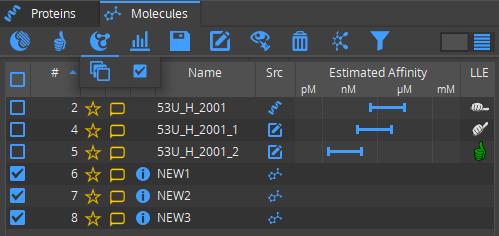 Loaded molecules may not yet be placed in the binding site (the information icon tells you upon mouse-over).