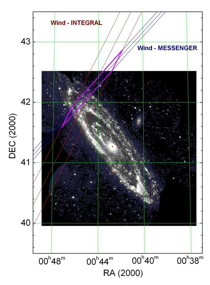 GRB 070201 GALEX synthesized M31 UV image The IPN error box overlaps with M31 (Andromeda) galaxy (with its prominent circular ring that considered to be the main SF region) For D M31 = 780 kpc Energy