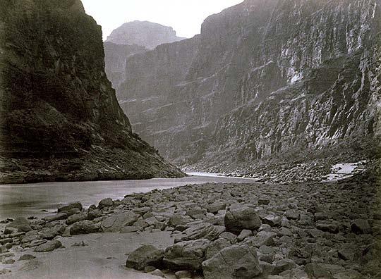 William Bell of the Wheeler survey of 1872, took this photograph of the Colorado River looking downstream from the mouth of Kanab Creek (mile 143).