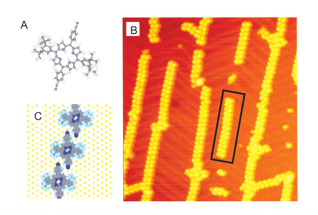 Fig.3 Structural models of cyano TBPP molecules and corresponding STM images (70 nm 70 nm) to the Au (111) substrate surface at room temperature, cooled to 77 K, and observed with STM.