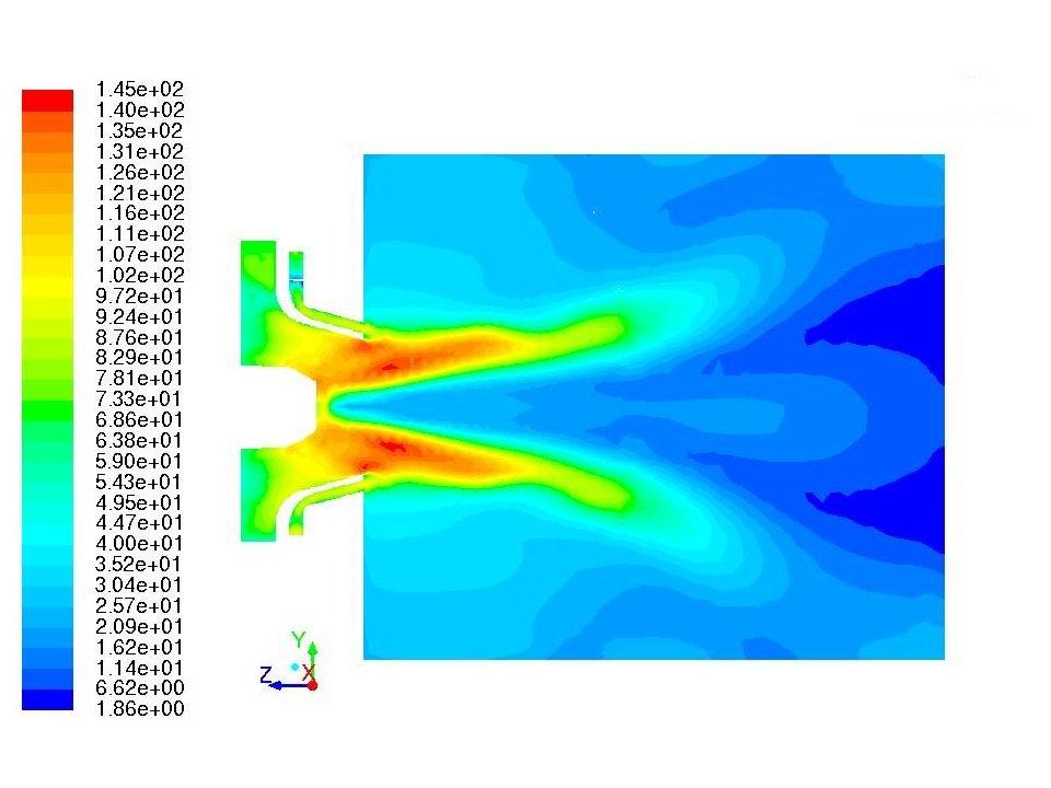 Chapter 7. Numerical Results for High Shear Fuel Nozzle 71 Figure 7.5: Contours of mean velocity magnitude. Figures 7.3 and 7.4 show the unstructured mesh used for the simulations.