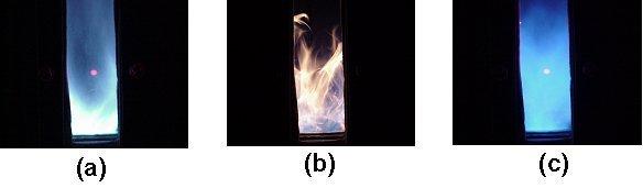 CHAPTER 2. THERMOACOUSTIC CHARACTERIZATION OF COMBUSTOR 46 Figure 2.21: Flame appearance in (a) Stable, (b) 1 st unstable and (c) 2 nd unstable operating regimes.
