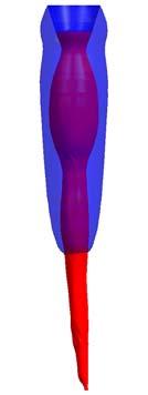 Fig. 10 Comparison of single phase (blue) vs. two phase (red) vortex volume for LC01 in CAD.