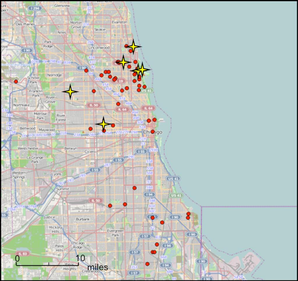 Figure 5 Methamphetamine possession (48 cases shown in red dots) and Methamphetamine Manufacture/Deliver Crimes (6 cases shown in yellow stars) committed in Chicago between March 2013