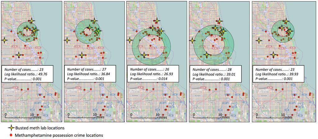 Figure 6 Output of Ring Shaped Hotspot Detection with 5 ring-shaped hotspots enumerated from the Methamphetamine crime dataset in Figure 5 Ring-Shaped Hotspot Detection Algorithm A ring
